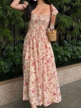 Sim and Sam 100% Cotton Floral Smocked Maxi Dress with Tie Front Size Medium